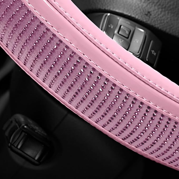 Bling Steering Wheel Cover – Pink Diamond Design, Universal Fit 14.5-15 Inch, Microfiber Leather, Anti-Slip & Breathable Design for Men and Women