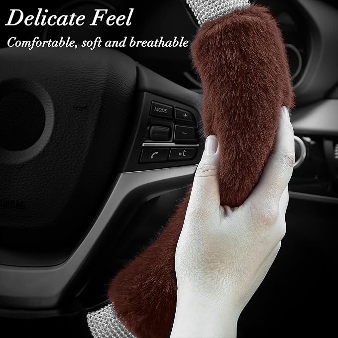 Rhinestone Fluffy Steering Wheel Cover - Comfortable Non-Slip Luxury Faux Wool, Universal Fit for 14.5" to 15" Steering Wheels