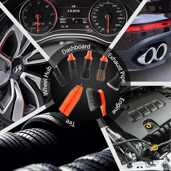 8Pcs Wheel & Tire Brush Car Detailing kit, Easy Reach Wheel and Rim Brush, 5pcs Detailing Brushes, Short Handle Cleaning Brush, 1pc Microfiber Cleaning Cloth, Great to Clean Dirty Tires