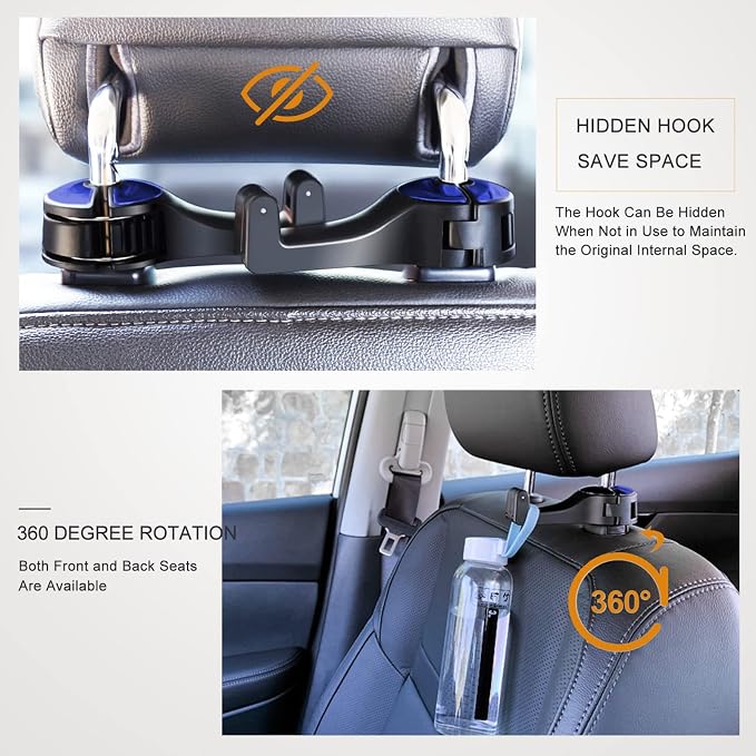 Car Headrest Hook with Phone Holder, Universal 360 Rotation Headrest Hooks for Purses and Bags (Blue)