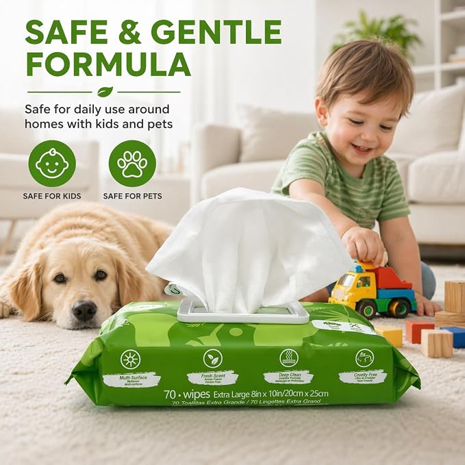All Purpose Cleaning Wipes for Car and Home 70 Count (Pack of 2), Extra Large 8" x 10" Heavy Duty for Car Interior Vinyl, Kitchen, Bathroom, Countertop, Furniture, Tool - Non-Toxic