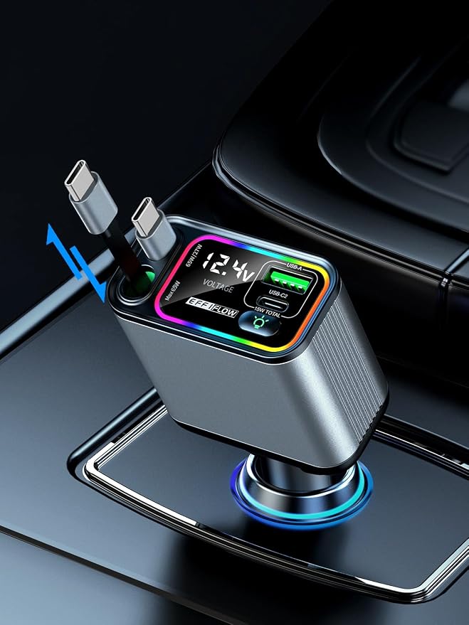 Dual Retractable Car Charger USB C, 145W Fast Charging Type C Car Charger with Retractable Cable, Compatible with iPhone 17/16/15/Air, Samsung S25/24/23/22, Pixel 9/8/7 - Grey
