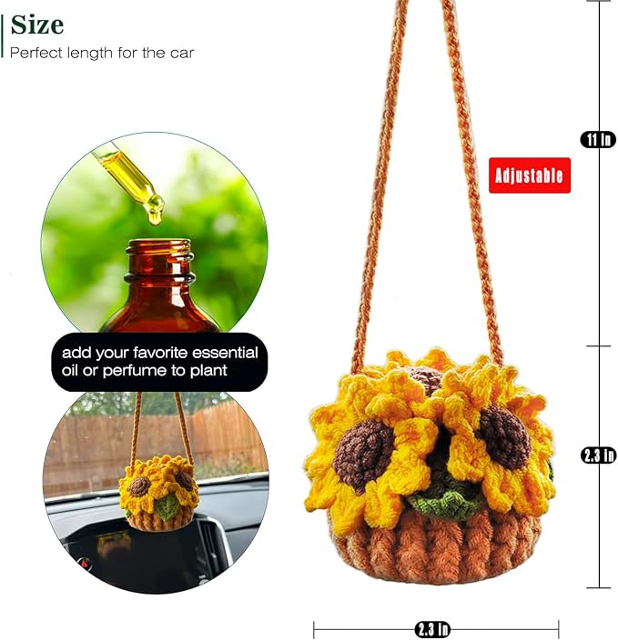 Cute Crochet Plant for Car Rear View Mirror,Boho Hanging Accessories Decor | Handmade for Women Girls,Green Interior Aesthetic Decor Truck Hanger Ornament Charm for Men(Sunflower)