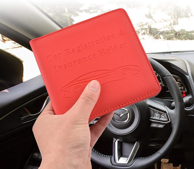 Car Registration and Insurance Holder, Vehicle Glove Box Car Organizer Men Women Wallet Accessories Case for Cards, Essential Document, Driver License, Red