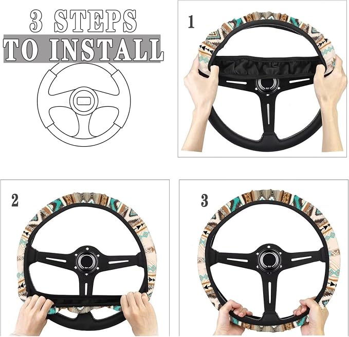 Southwest Aztec Beige Blue Car Steering Wheel Cover Universal 15 Inch Auto Accessories Car Interior Decoration for Women Men Fit SUV Sedans Vans Trucks