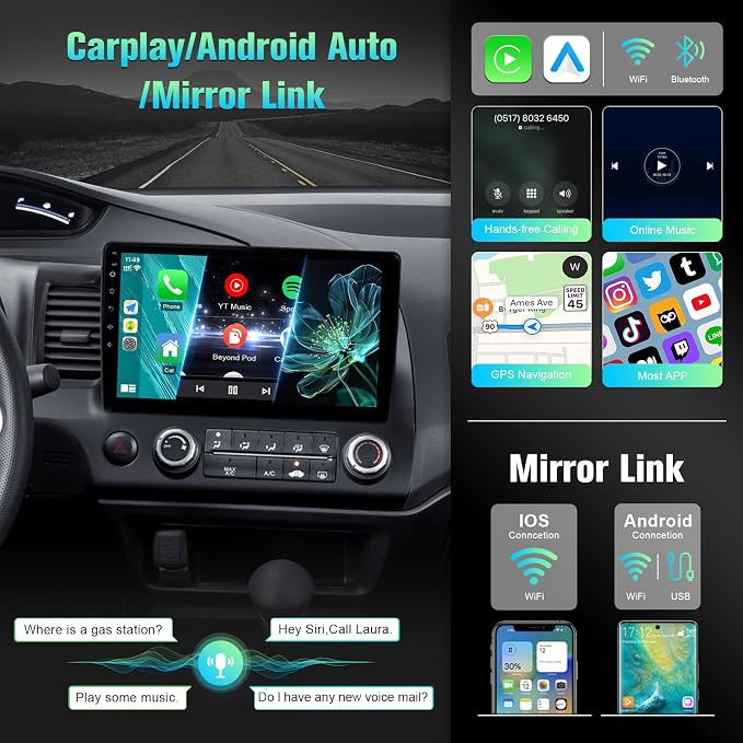 8-Core 4+64GB Upgrade Car Radio for Honda Civic 2006 2007 2008 2009 2010 2011 Stereo with Carplay Android Auto, 10.1" Touch Screen for Civic with GPS/WiFi/BT/FM/SWC + MIC + Backup Camera