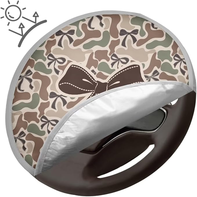 Camo Bow Steering Wheel Cover Sun Shade Universal Anti-Heat Aluminum Foil Auto Interior Protector,Block UV Rays Cool in Summer Universal for Cars Truck SUV Van