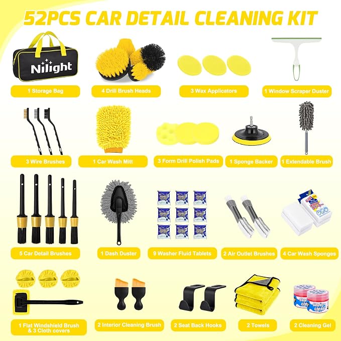 52PCS Car Detailing Kit Auto Cleaning Tools Wash Set with Storage Carry Bag Home Use for Interior Exterior Deep Clean Polish Car Care Windshield Dashboard Seat Air Vents Wheels Tires, Yellow