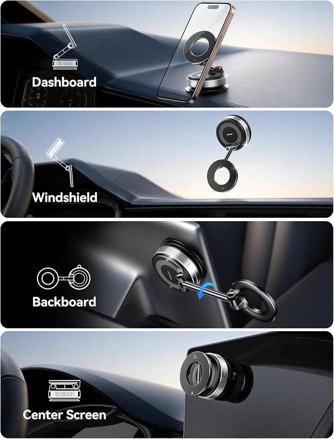 Magsafe Car Mount, Vacuum Car Phone Mount with Strong Magnet, 360° Metal Strut Suction Cup Phone Mount for iPhone 17 Pro Max/16 15 14 13 12 Series& Android Magsafe Case,Silver