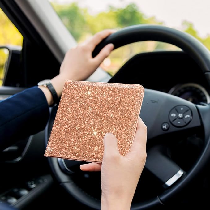 CoBak Car Registration and Insurance Holder - Small and Lightweight Vehicle Glove Box Car Organizer, Auto Truck Comparment Accessories Case for Essential Document, Driver License (Glitter Rosegold)