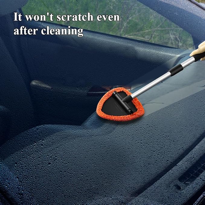 Windshield Cleaning Tool, Car Window Cleaner, Windshield Cleaner with 4 Washable Reusable Microfiber Pads and Extendable Handle, Auto Glass Wiper Cleaning Kit Universal for Car (Orange)
