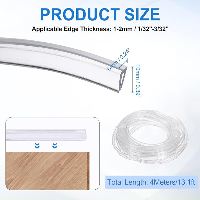 Clear Edge Trim, 13.1Ft Silicone U Channel Edge Protector, Edges Guards Fits 1/32"-3/32" for Car Doors Sheet Metal Parts (1/4" W x 3/8" H)