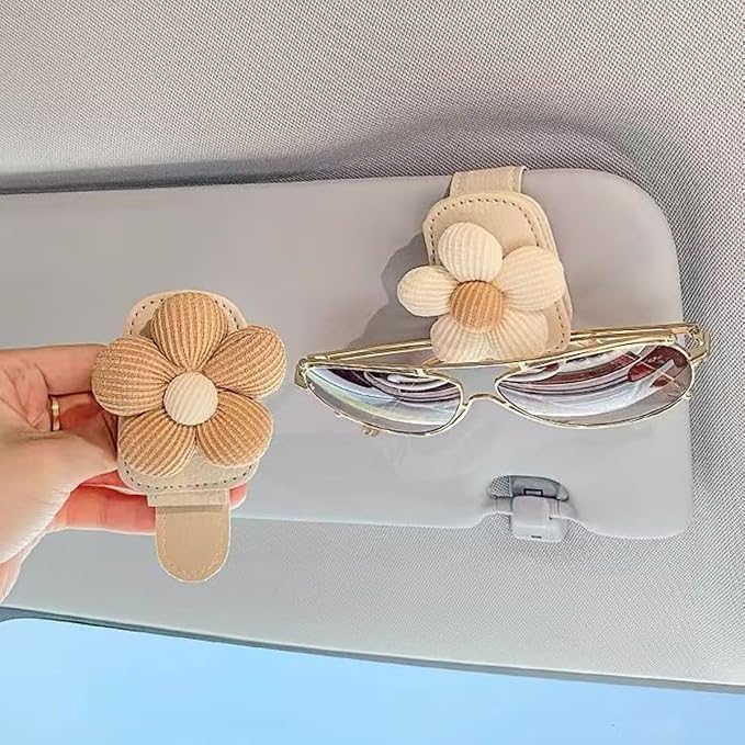 Flower Sunglass Holder for Car Visor – Decorative Sun Visor Clip,Eyeglass Hanger Organizer for Women,Scratch‑Free Glasses Storage Different Size Eyeglasses (Brown Flowers)
