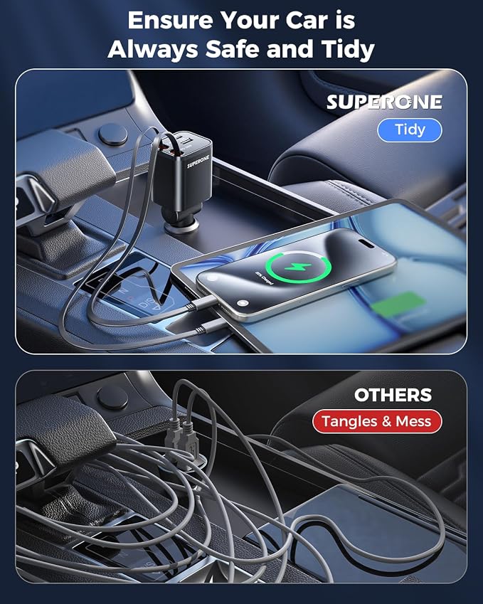 Retractable USB C Car Charger, Phone Car Charger Fast Charging with Dual Type C Cable, Car Accessories Small USBC Car Adapter