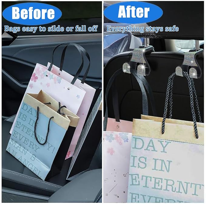Car Headrest Hooks Bling, 2 in 1 Purse Hook for Car Seat Hooks Rhinestone Purse Hangers Holder Universal Bag Hooks Bling Car Accessories for Women 2pcs, AB Bling