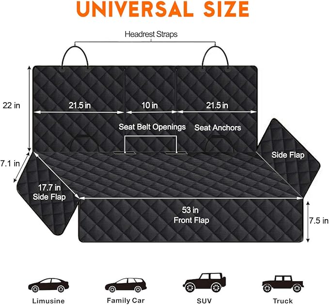 Dog Car Seat Cover, Back Seat Cover for Dogs Pet Car Seat Protector Waterproof Rear Seat Cover Durable Car Seat Cover, fits Middle Armrest for Most Cars SUVs Trucks (53” Width)- Black