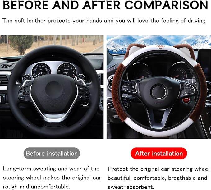 Car Steering Wheel Cover, Fluffy Soft Plush for Winter Warm, Cute Steering Wheel Protector with Kitty Cat Ears, Universal 15 Inch, Elastic & Anti-Slip, Lovely Decor Car Accessories (Coffee)