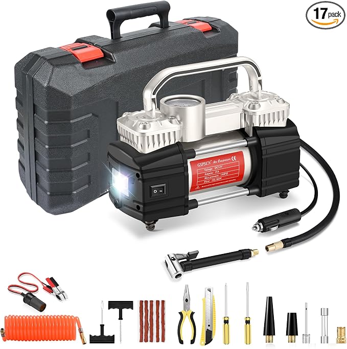 Heavy Duty Tire Inflator 12V Portable Toolbox Air Compressor Pump | with Tire Repair Kit,6X Faster Inflation Dual Cylinder Air Pump LED Light for Cars,SUV,Truck,Pickup,Balls,RV,Van,Camper