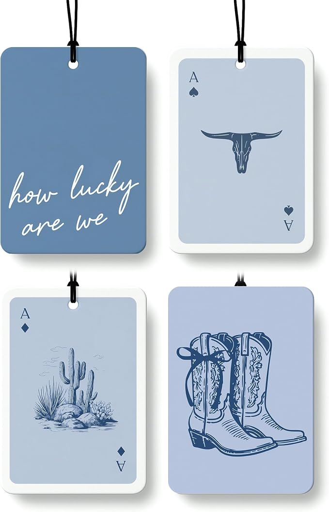 Boho Blue Western Car Air Freshener 4 Pcs, Preppy Cow Skull Cactus Cowgirls Boots Hanging Air Freshener for Cars Closet Drawer Books, Girly Western Car Accessories Mirror Decor for Women