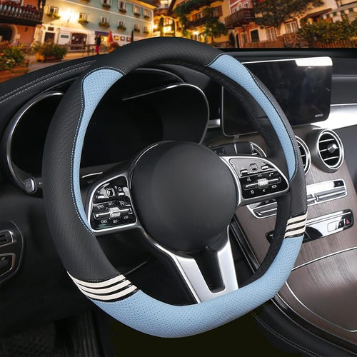 14 inch Cute D Shaped Steering Wheel Cover for Women Men Faux Leather and Carbon Fiber,Black and Blue