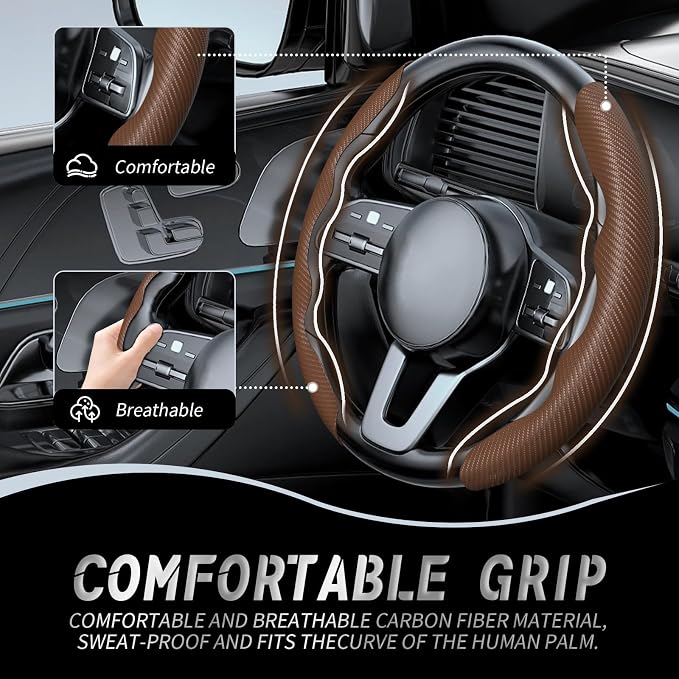 2pcs Car Steering Wheel Cover,Anti-Skid Carbon Fiber Steering Wheel Protector for Men Women,Multiple Color Options,Universal for Most Car Interiors Accessories (Brown)