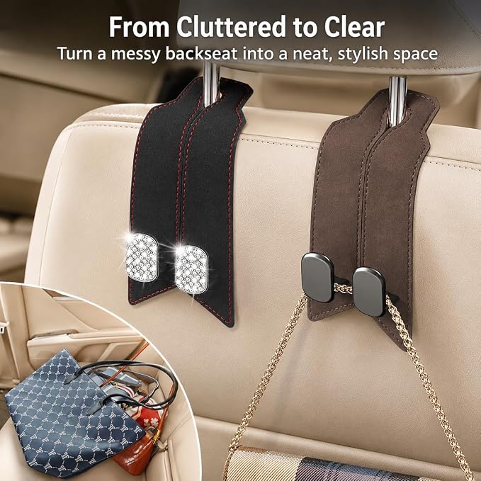 2Pcs Car Headrest Hooks with Premium Leather, Upgraded Double Metal Hooks with Anti-Drop Design, Universal Back Seat Hanger for Bags, Coats, Purses and Groceries (Classic Brown)