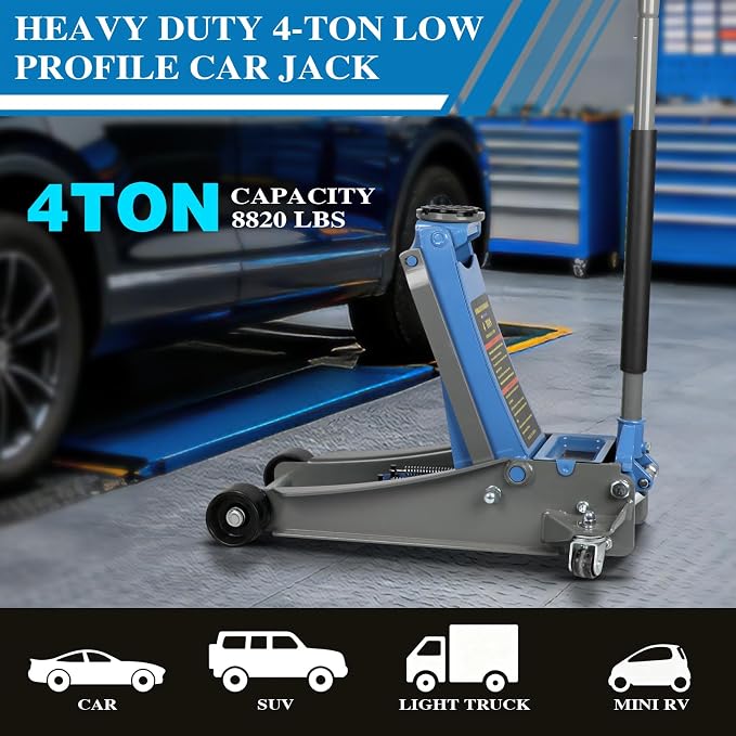 4-Ton Heavy Duty Double-Piston Hydraulic Floor Jack,Lift Range 3.93in-20.98in, Rapid Pump Double-Piston Hydraulic Car Jack,with Rubber Pads, Truck, and Lowered Cars
