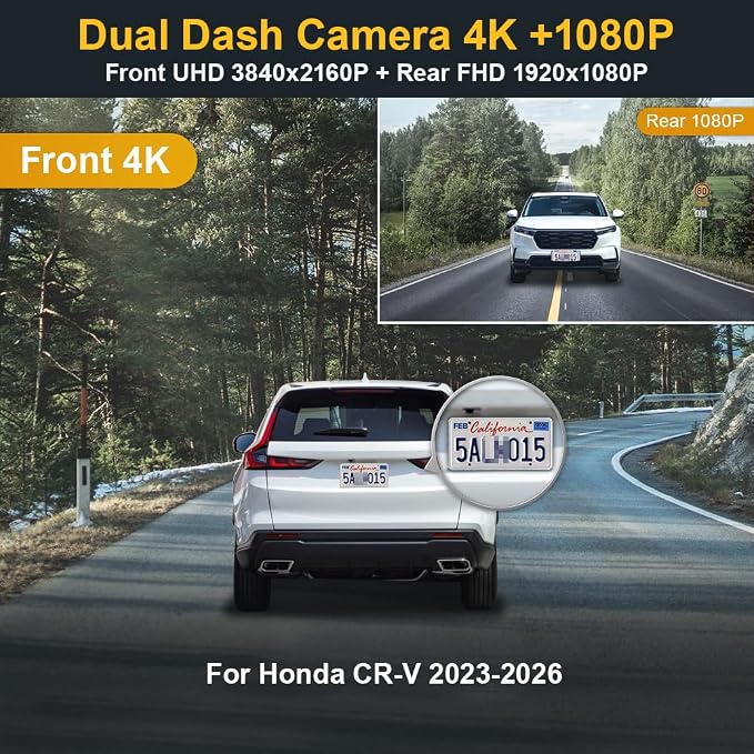 Front 4K+Rear 1080P Dash Cam Adapts for Honda CR-V 2023-2026 & Hybrid (Black), OEM Factory Look, 2 Way HD Video, Built-in WiFi & APP, Loop Recording, G-Sensor, Easy to Set, 128GB Card