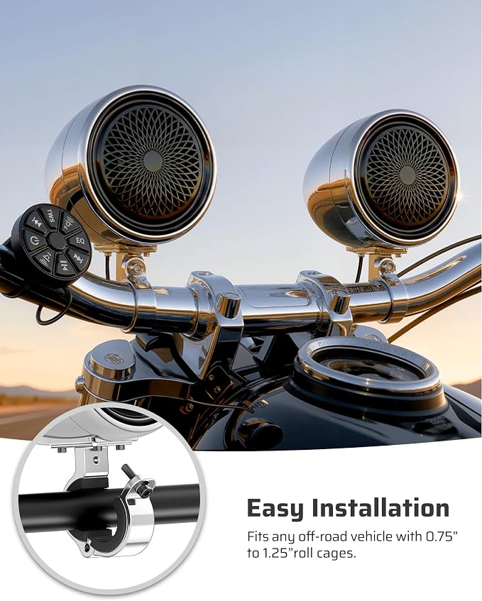 600W Motorcycle Speakers Bluetooth, 4'' Waterproof Stereo with Built-in Class-D Amplifier, Heavy Bass, USB, Wired Remote, 0.75-1.25" Universal Mount for Harley ATV UTV Golf Cart Marine - Silver