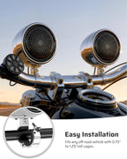 600W Motorcycle Speakers Bluetooth, 4'' Waterproof Stereo with Built-in Class-D Amplifier, Heavy Bass, USB, Wired Remote, 0.75-1.25" Universal Mount for Harley ATV UTV Golf Cart Marine - Silver