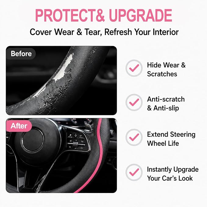 Car Steering Wheel Cover Full Surround - Soft Breathable Anti-Slip Heavyweight Safety Cover, Thick Cushioned Sports Style Universal Fit for Auto Truck SUV (Black/Pink)