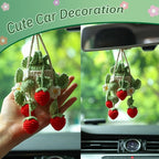 Crochet Hanging Plant for Car,Car Decorations Interior,Plant Strawberry Aesthetic Car Accessories for Women Interior Cute,Car Ornaments Charms for Rear View Mirror,Boho Car Decoration Gifts