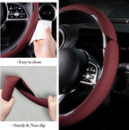 Car Steering Wheel Cover Leather Snap On 3Pcs Set Non-Slip Protector Wrap Steering Wheel Accessories 14.5-15 inch Universal Wine Red