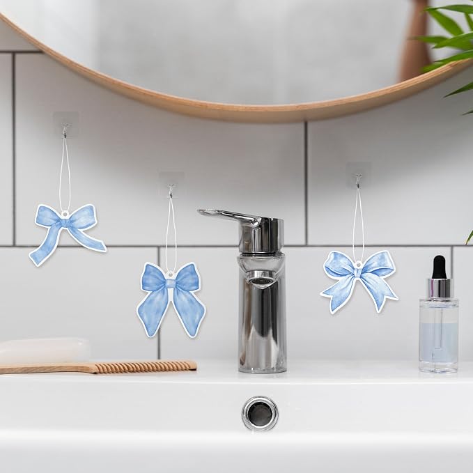 12Pcs Blue Coquette Bow Air Freshener Hanging, Light Blue Aesthetic Diffuser Ornaments Refresh Air Fragrant Pendant, Car Interior with Essential Oils Gift Set Long-Lasting for Car Accessories