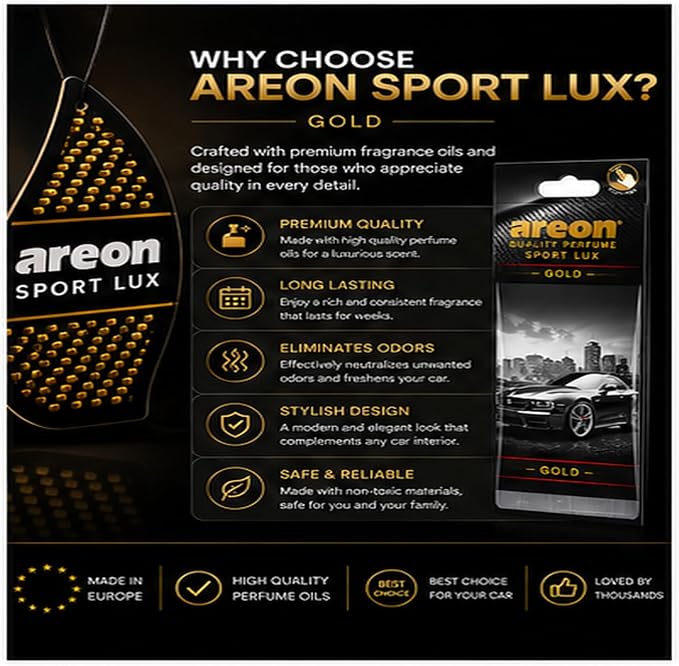 Sport Lux GOLD - Hanging Cardboard Air Freshener for Car, Home & Office - Premium Cologne Perfume with Natural Fragrances - Long Lasting, Fresh, Luxurious Scent - Stylish Design, Pack of 3