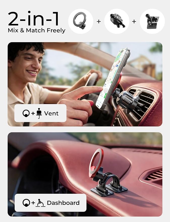 for MagSafe Car Mount,Car Accessories for Women Men [2025 Ultra] Magnetic Phone Holder for Car 360 Dashboard Vent Phone Mount for Car Organization iPhone 16 15 14 13 12 Pro Plus Mini,Red