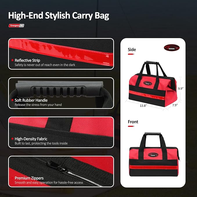 Car Roadside Emergency Kit with Jumper Cables, Auto Road Side Safety Kit for Vehicles - with Premium Carry Bag, Repair Tool Set, for Men, Women, Teenagers