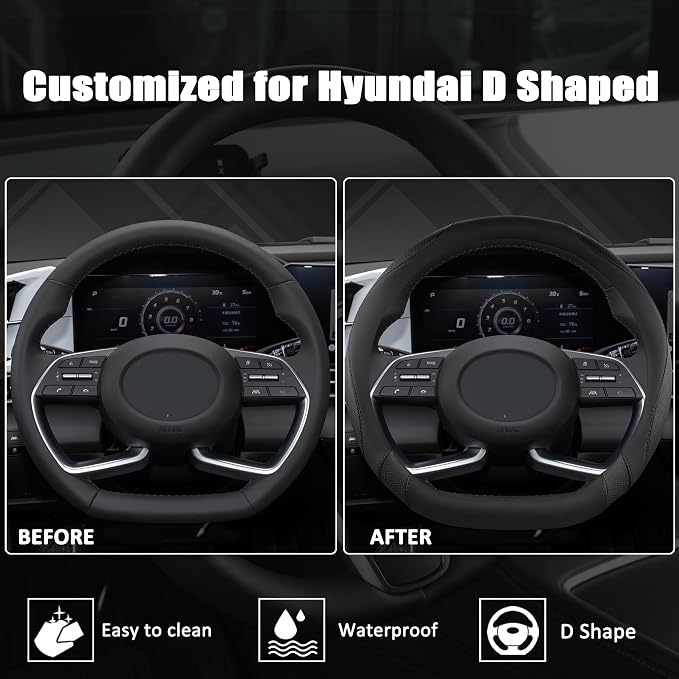 Flat Bottom Car Steering Wheel Cover for Hyundai,D Shaped Steering Wheel Cover for Tucson,Sonata,Elantra,Santa Fe,Genesis,Sonata Hybrid,Azera,Venue,Kona (Black-Standard Size)