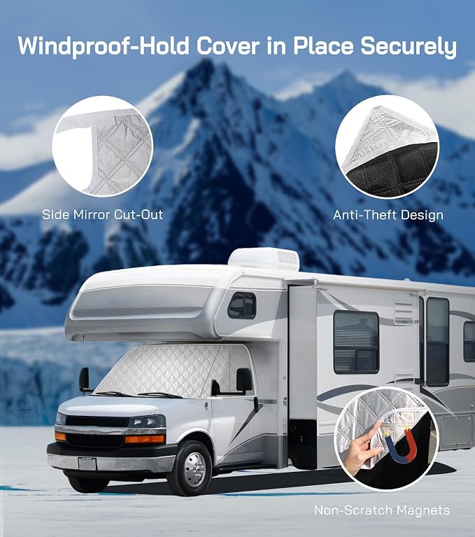 RV Windshield Cover for Chevy Express/GMC Savana 2001-2026, Class C Motorhome RV Front Window Sunshade Cover, for UV Protection & Privacy Shield, White with Mirror Cutouts