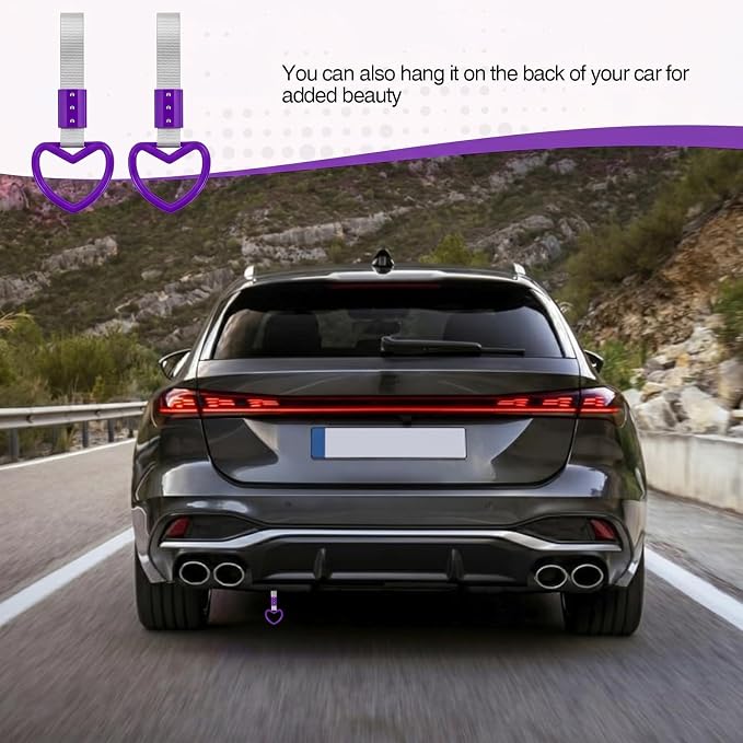 2PCS Heart Shaped Car Handle Straps, Rear Bumper Warning Keychain Ring for Car Exterior Accessories (Purple-Silver)