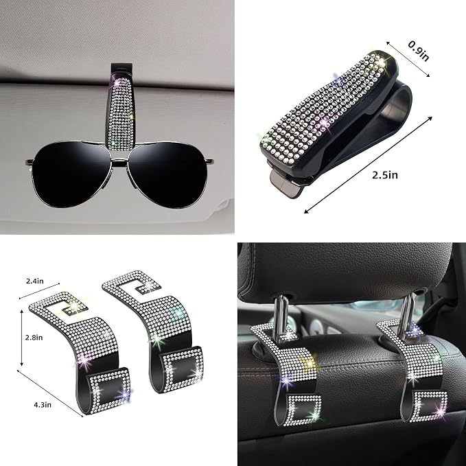 27 PCs Bling Car Accessories Set for Women, Steering Wheel Covers Universal Fit 15 Inch, Bling License Plate Frame, Bling Phone Holder, Bling Car Coasters (Silver Diamond)