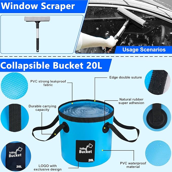 Car Wash Kit, Car Detailing Kit with Foam Gun, Car Wash Brush Mop and Large Folding Bucket Suitable for Car Cleaning, Blue Car Wash Set Gift for Men and Women