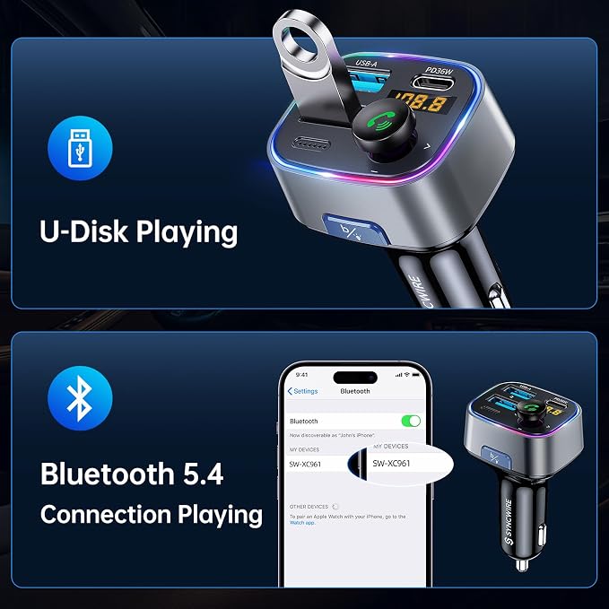 Bluetooth 5.4 FM Transmitter Car Adapter 48W (PD 36W & 12W) [Light Switch] [Hi-Fi Deep Bass] [Fast Charge] Wireless Radio Music Adapter LED Display Hands-Free Calling Support USB Drive