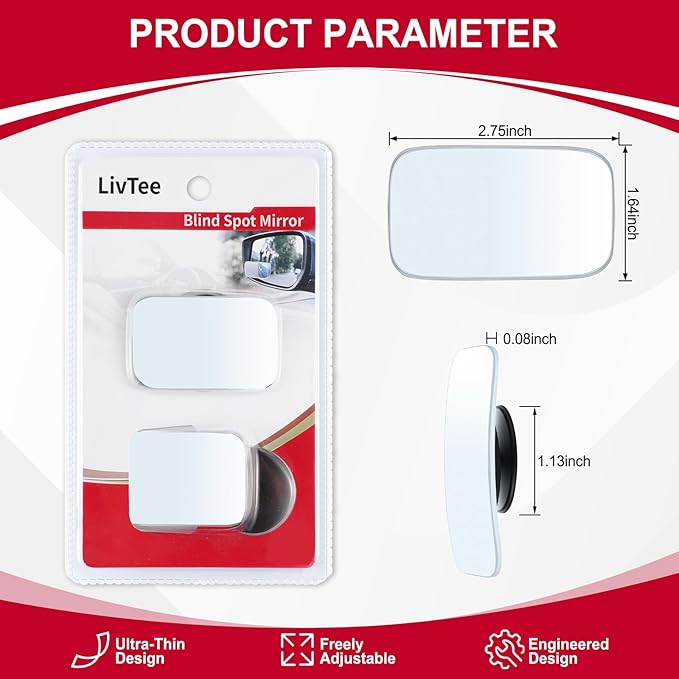 Blind Spot Mirror, Rectangle Shaped HD Glass Frameless Convex Rear View Mirror with wide angle Adjustable Stick for Cars SUV and Trucks, Pack of 2