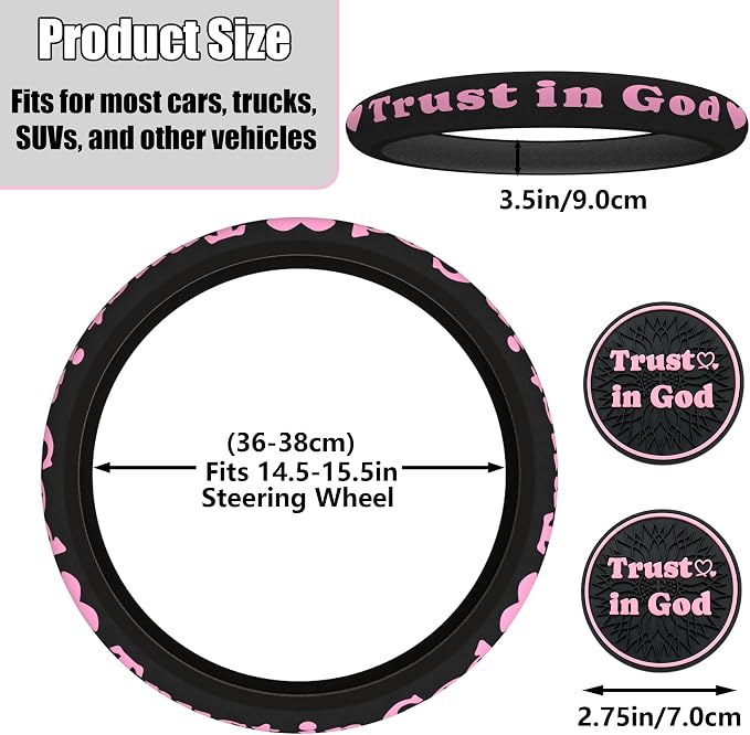 Christian Trust in God Car Steering Wheel Cover with 2 Pack Coasters for Women, PU Leather Pink Car Accessories, Religious Gifts, Universal 14.5-15.5" Fit for Cars, SUVs, Trucks
