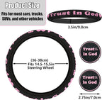 Christian Trust in God Car Steering Wheel Cover with 2 Pack Coasters for Women, PU Leather Pink Car Accessories, Religious Gifts, Universal 14.5-15.5" Fit for Cars, SUVs, Trucks