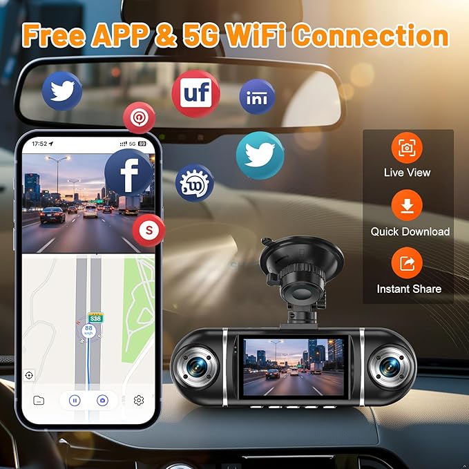 4 Channel 1080P Dash Cam Front Rear Left Right, 170° Wide Angle Car Camera with 5GHz WiFi App Control, Super Night Vision, 24H Parking Monitor, G-Sensor, Loop Recording, 64GB SD Card Included