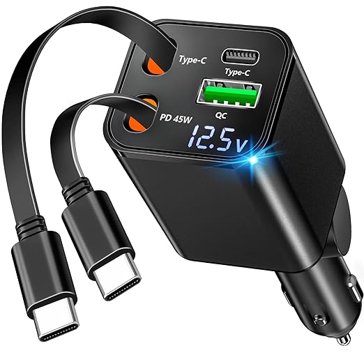[Apple MFi Certified] Retractable Car Charger USB C, 120W USB C Car Charger 4 in 1 PD/QC Type C Fast Charge Cigarette Lighter Adapter for iPhone 17/17 Pro Max/16 Pro/15/Galaxy S26/S25/Pixel