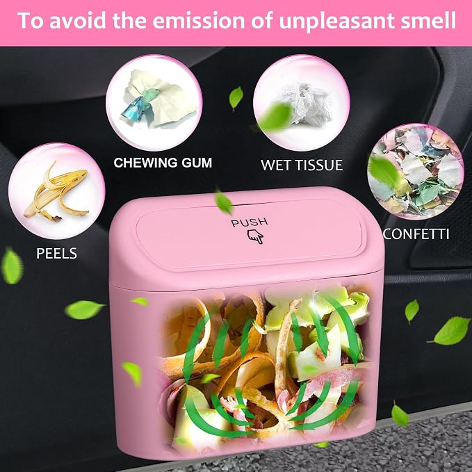 Car Trash Can with Lid, 2 Pack Pink Mini Vehicle Trash Bin Dustbin Garbage Organizer Holder with Trash Bag, Small Hanging Leakproof Auto Storage Bag Container for Car SUV Home Office