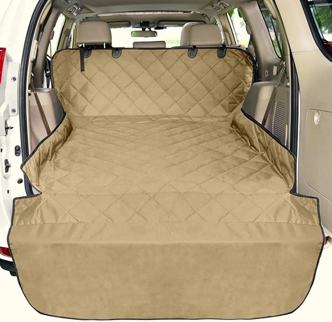 SUV Cargo Liner for Dogs, Water Resistant Pet Cargo Cover Dog Seat Cover Mat for SUVs Sedans Vans with Bumper Flap Protector, Non-Slip, Large Size Universal Fit, Khaki